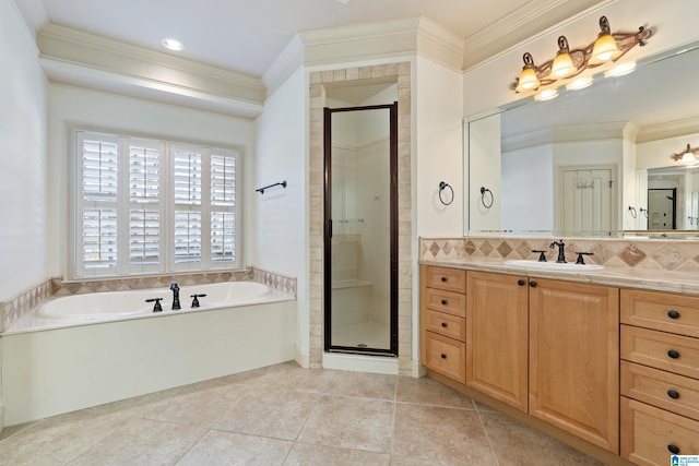 bathroom with tile patterned flooring, crown molding, vanity, a shower stall, and a bath