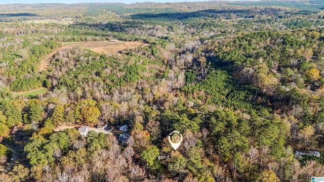 birds eye view of property featuring a wooded view