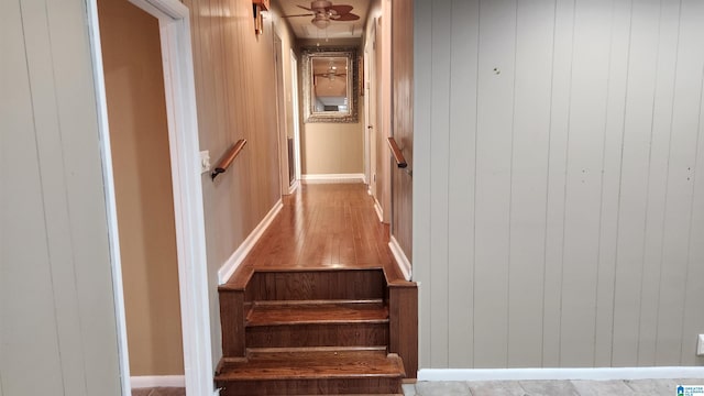 staircase featuring wooden walls and wood finished floors