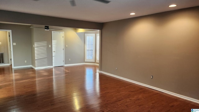 unfurnished room featuring visible vents, baseboards, a ceiling fan, wood finished floors, and recessed lighting