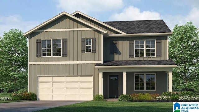 craftsman-style house featuring a garage, roof with shingles, board and batten siding, and concrete driveway