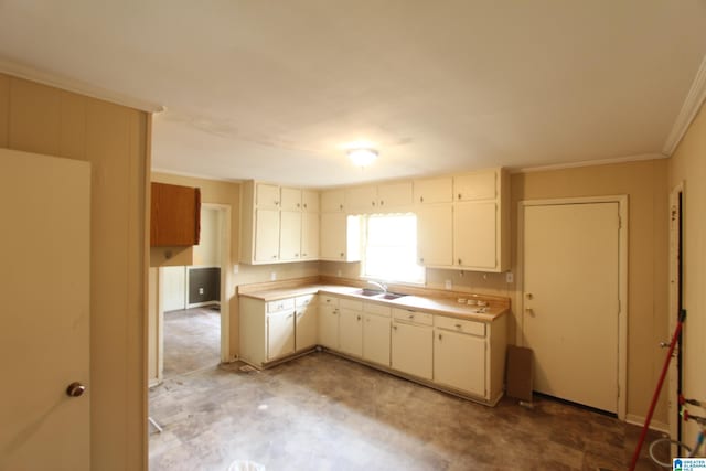 kitchen with crown molding, light countertops, and a sink