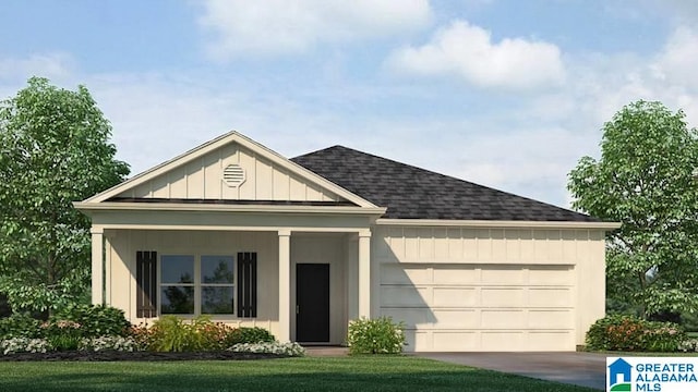 view of front facade with an attached garage, driveway, roof with shingles, board and batten siding, and a front yard