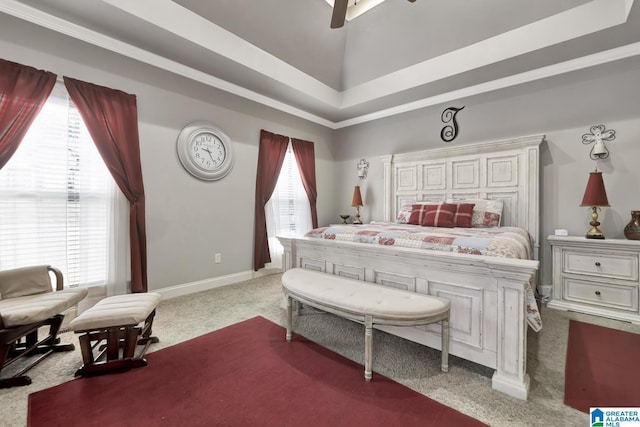 bedroom with carpet flooring, a ceiling fan, and baseboards