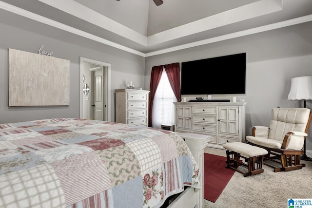 bedroom with a ceiling fan, carpet, and a raised ceiling