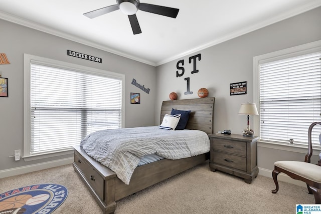 bedroom with light carpet, crown molding, baseboards, and ceiling fan