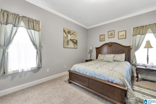 bedroom featuring carpet floors, ornamental molding, and multiple windows