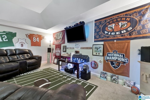 carpeted living room featuring vaulted ceiling and baseboards