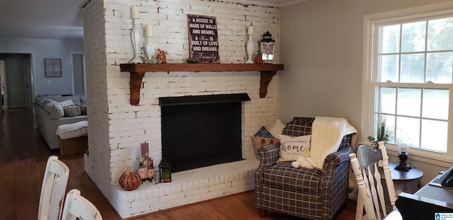 living area with a brick fireplace and wood finished floors