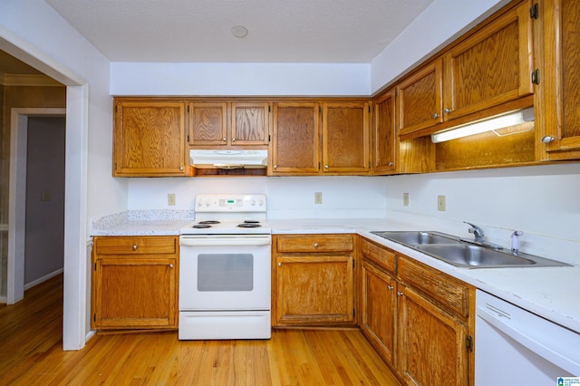 kitchen featuring light wood finished floors, light countertops, a sink, white appliances, and under cabinet range hood