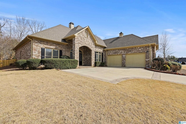 view of front of property featuring brick siding, a shingled roof, a front yard, a garage, and driveway