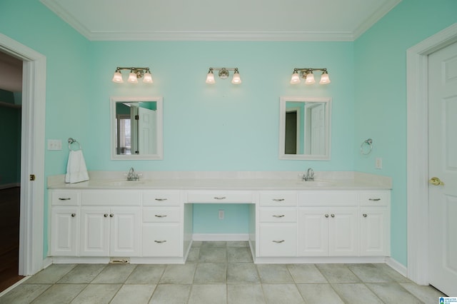 bathroom with double vanity, crown molding, and a sink