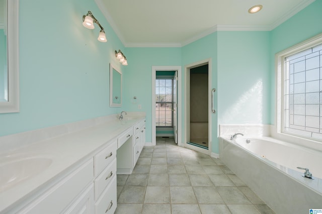 bathroom with a sink, a shower stall, a bath, double vanity, and crown molding