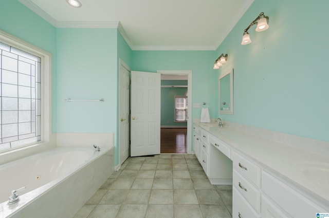 full bath with double vanity, ornamental molding, a sink, a bath, and tile patterned floors