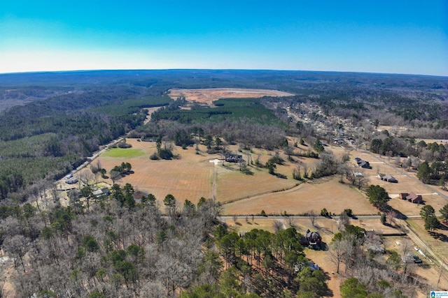 drone / aerial view featuring a forest view and a rural view