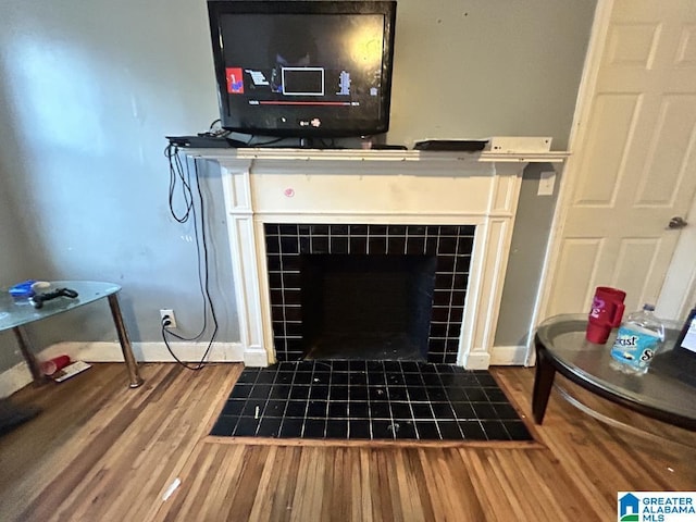 details with a fireplace, wood finished floors, and baseboards