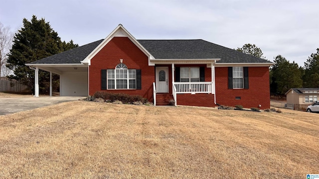 ranch-style home with driveway, an attached carport, crawl space, covered porch, and brick siding