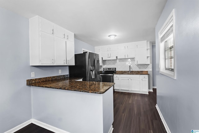 kitchen featuring electric range, white cabinets, open shelves, black refrigerator with ice dispenser, and tasteful backsplash