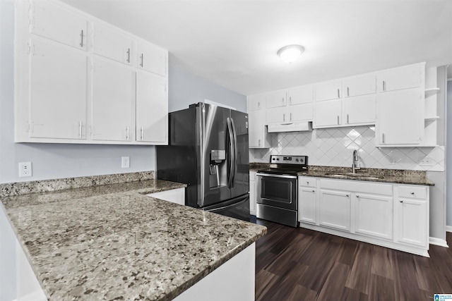 kitchen featuring white cabinets, stainless steel appliances, under cabinet range hood, open shelves, and a sink