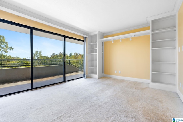 carpeted empty room with ornamental molding, built in features, and baseboards