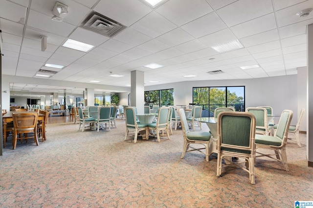 dining room with carpet, visible vents, and a drop ceiling