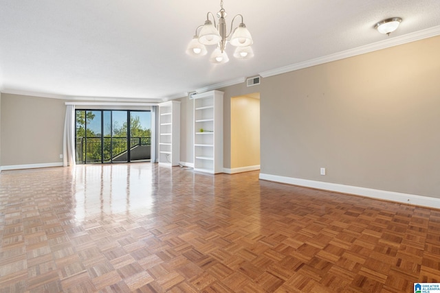 unfurnished room with visible vents, crown molding, and baseboards