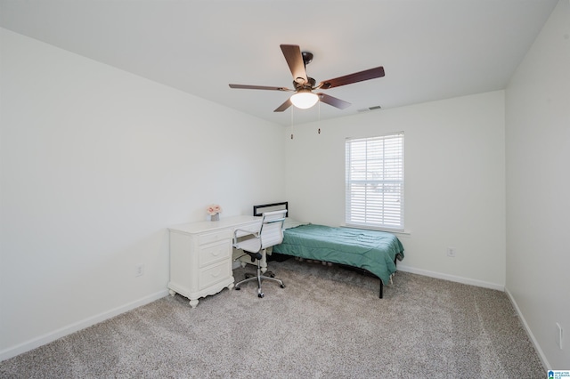 bedroom featuring light carpet, ceiling fan, visible vents, and baseboards