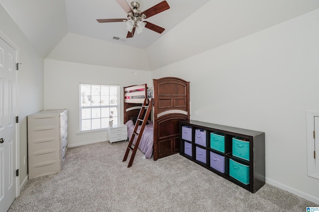 bedroom with carpet floors, lofted ceiling, visible vents, and baseboards