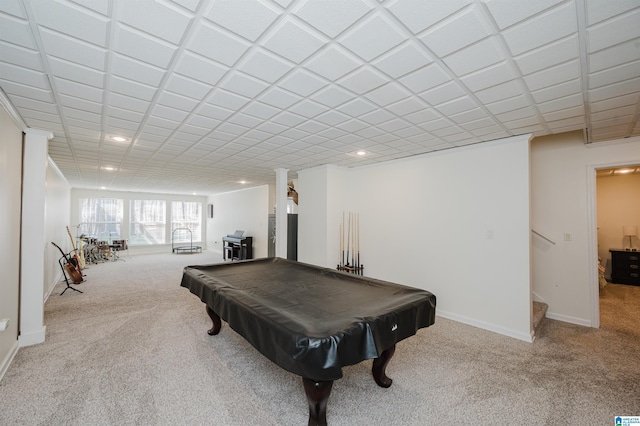 game room with billiards, baseboards, carpet, a paneled ceiling, and recessed lighting