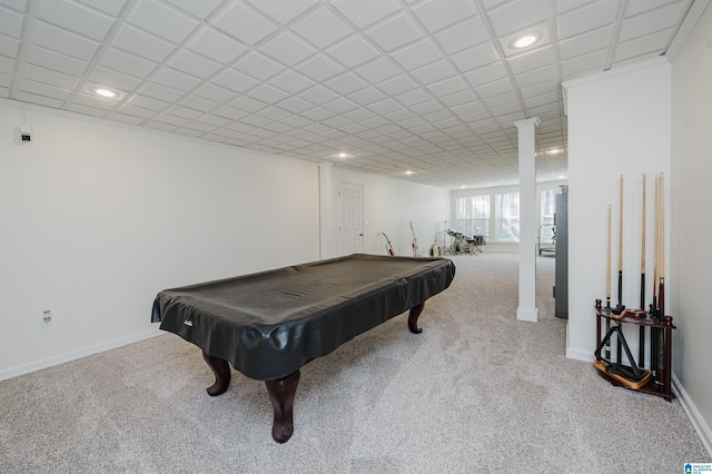 playroom with billiards, recessed lighting, carpet flooring, and baseboards