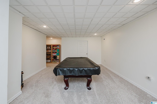 playroom featuring carpet, billiards, baseboards, and recessed lighting