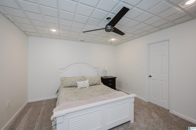 carpeted bedroom with baseboards, a ceiling fan, and recessed lighting