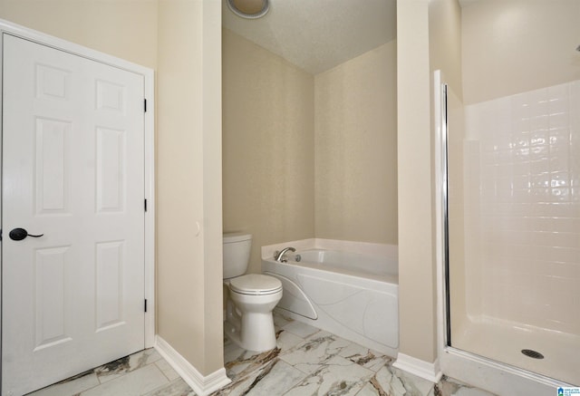 full bath with marble finish floor, a garden tub, toilet, a stall shower, and baseboards