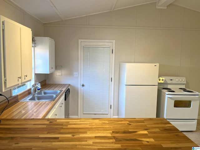 kitchen with butcher block countertops, lofted ceiling, white appliances, and a sink