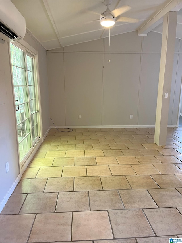 unfurnished room with lofted ceiling with beams, light tile patterned floors, a wall mounted AC, and a ceiling fan