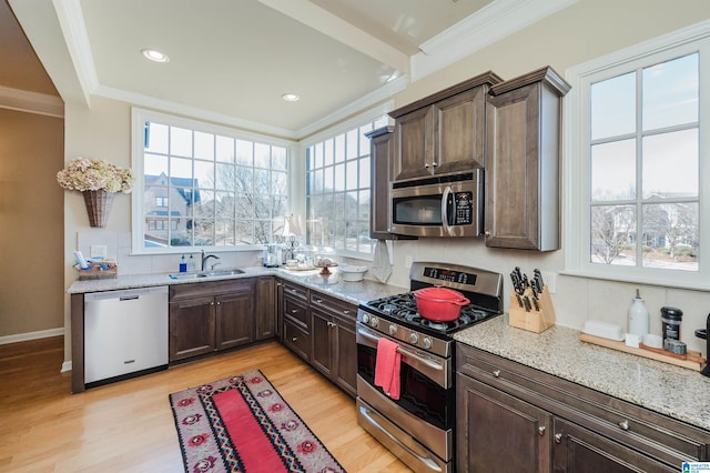 kitchen featuring stainless steel appliances, a sink, dark brown cabinetry, and crown molding