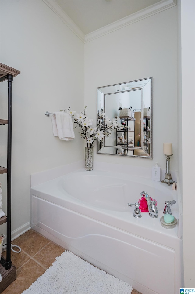 full bathroom with tile patterned flooring, crown molding, and a bath