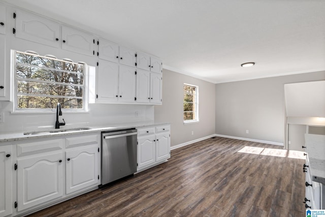 kitchen with a sink, dark wood-style floors, white cabinets, and stainless steel dishwasher