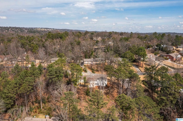 bird's eye view with a wooded view