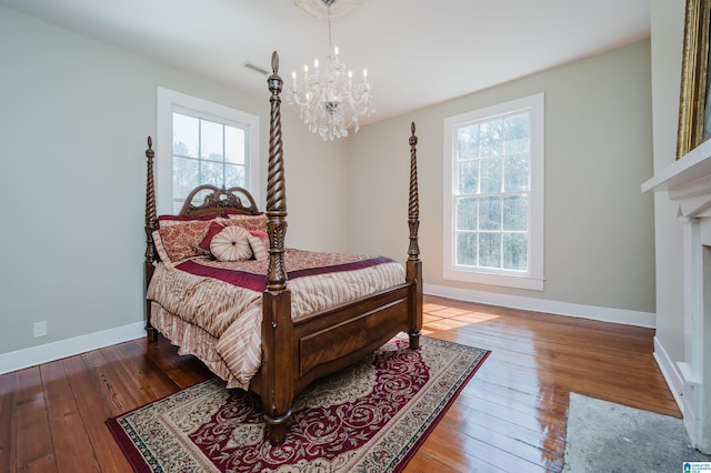 bedroom with multiple windows, wood-type flooring, and visible vents