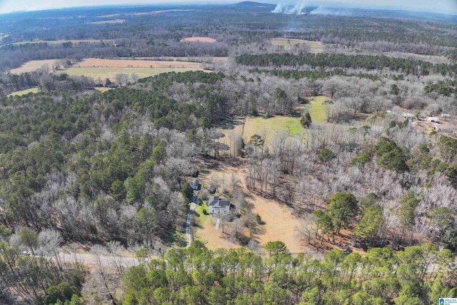 birds eye view of property featuring a wooded view