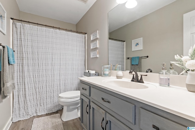 full bathroom with vanity, toilet, and wood finished floors