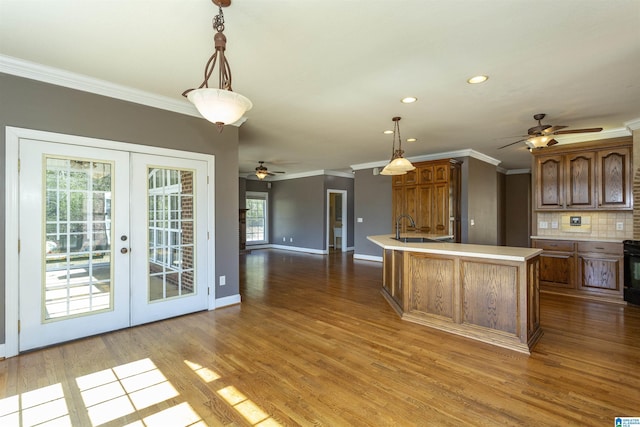 kitchen featuring french doors, wood finished floors, ornamental molding, and light countertops