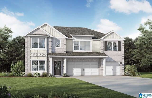 view of front facade with driveway, roof with shingles, an attached garage, a front lawn, and board and batten siding