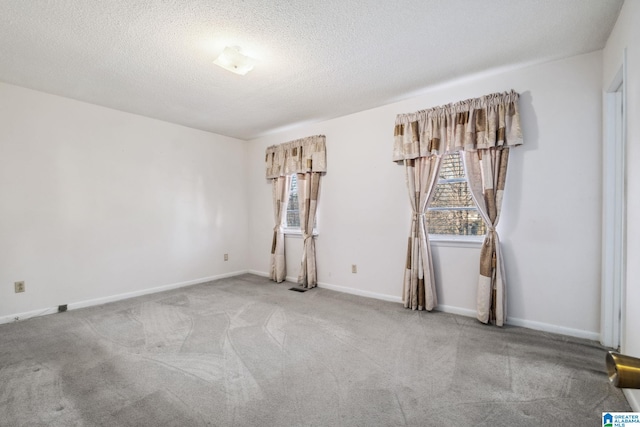 carpeted spare room with a textured ceiling, baseboards, and a wealth of natural light