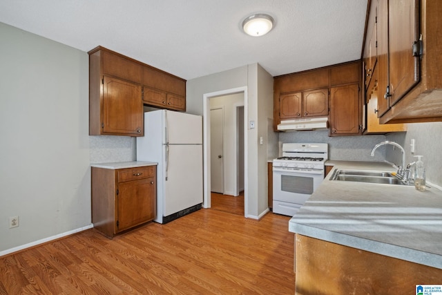 kitchen with light wood-style flooring, under cabinet range hood, white appliances, a sink, and brown cabinetry