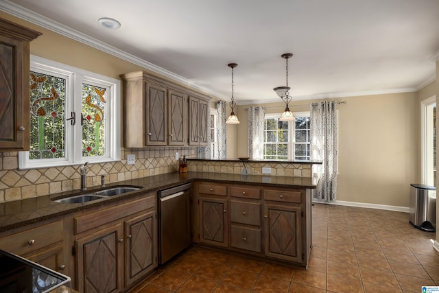 kitchen with ornamental molding, a sink, backsplash, and stainless steel dishwasher