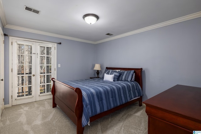 carpeted bedroom featuring ornamental molding, access to outside, french doors, and visible vents