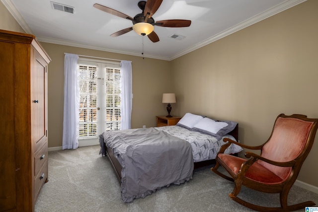 bedroom with light carpet, baseboards, visible vents, and crown molding