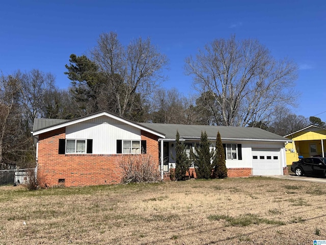 view of front facade with driveway, brick siding, crawl space, an attached garage, and a front yard